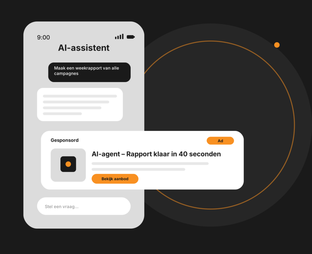 Dashboard-mockup van AI-agents met taken, status en gekoppelde marketingtools