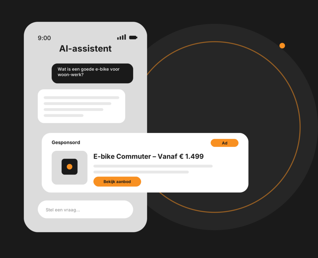 Dashboard-mockup van ChatGPT Ads met advertentievoorbeelden en campagneresultaten