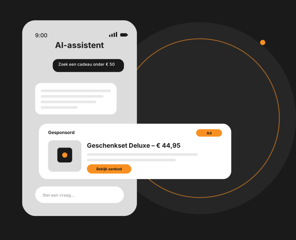 Dashboard-mockup van productadvertenties in ChatGPT met productweergave en campagneoverzicht