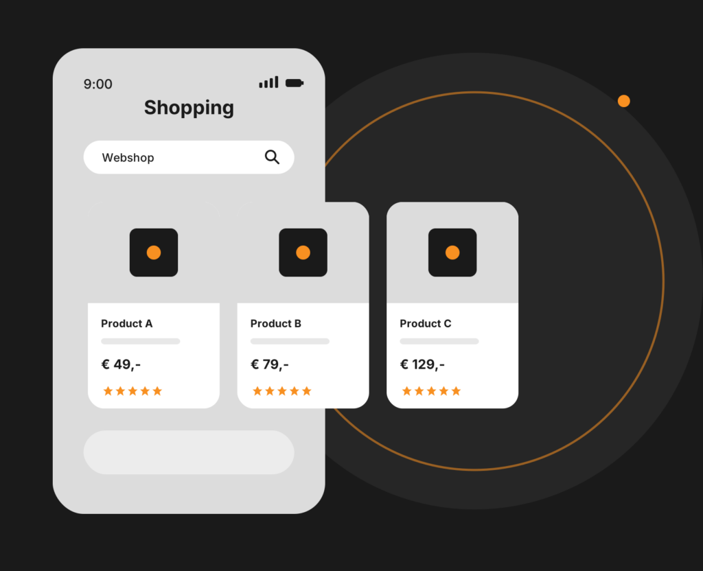Dashboard-mockup voor e-commerce met omzetoverzicht, producten en kanaalprestaties