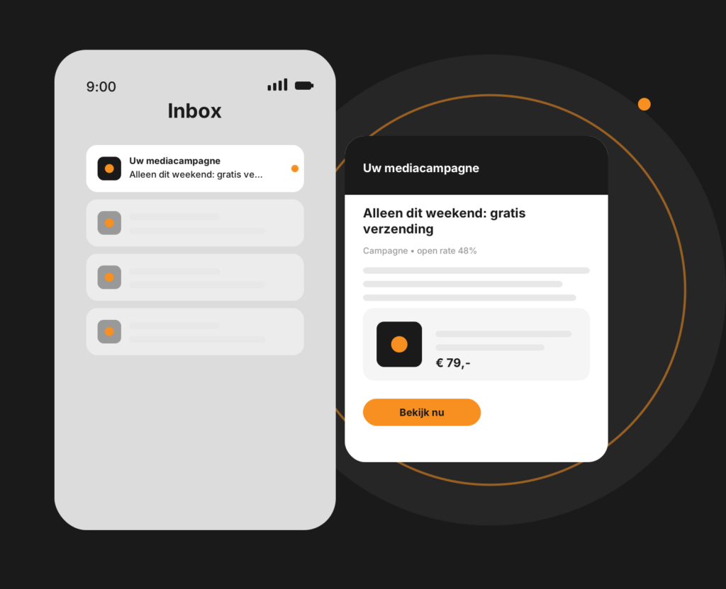Dashboard-mockup van e-mailcampagnes met verzendplanning en resultaten per campagne