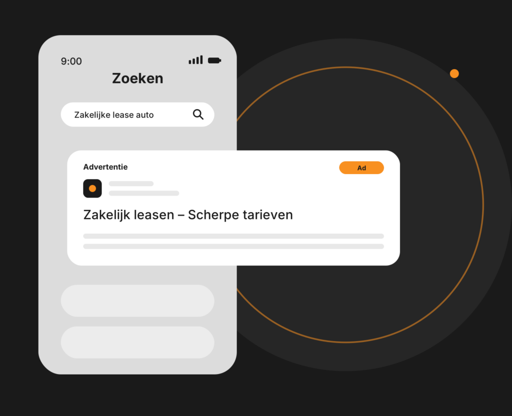 Dashboard-mockup van Microsoft Ads met zoekcampagnes, klikken en conversies