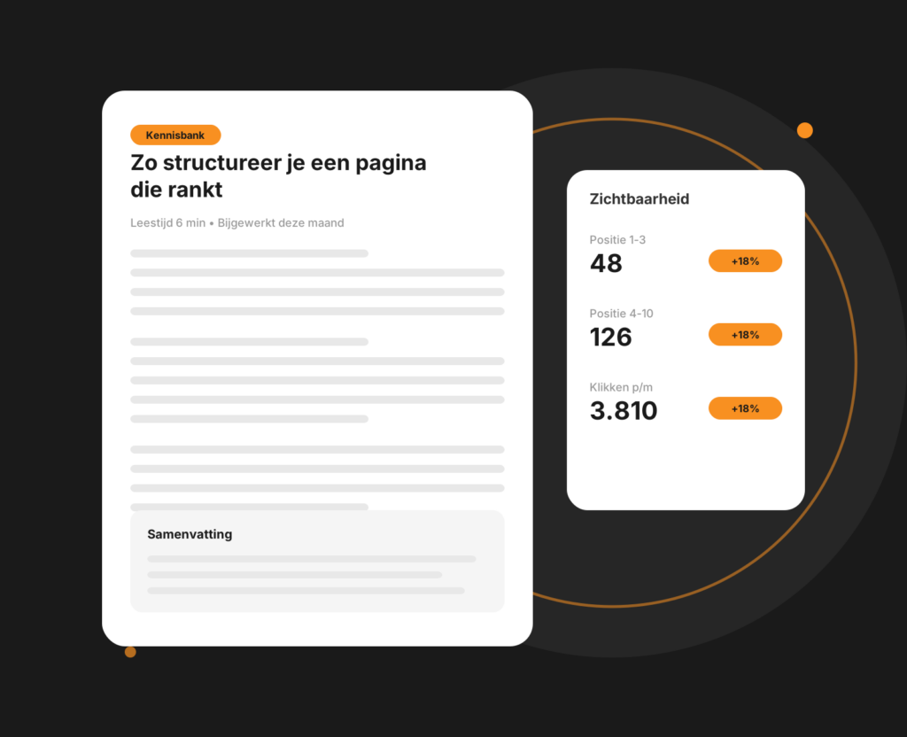 Tablet-mockup met een on-page SEO-analyse van titels, koppen en content van een webpagina