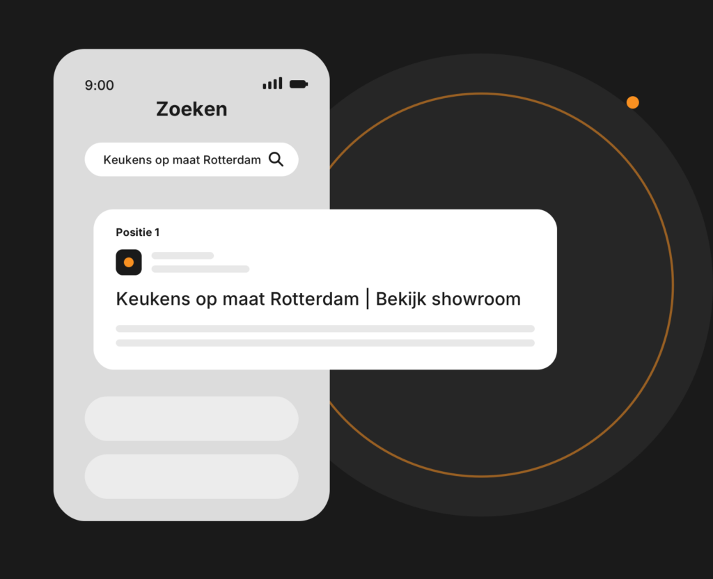 Dashboard-mockup voor SEO met zoekposities, organisch verkeer en zoekwoorden