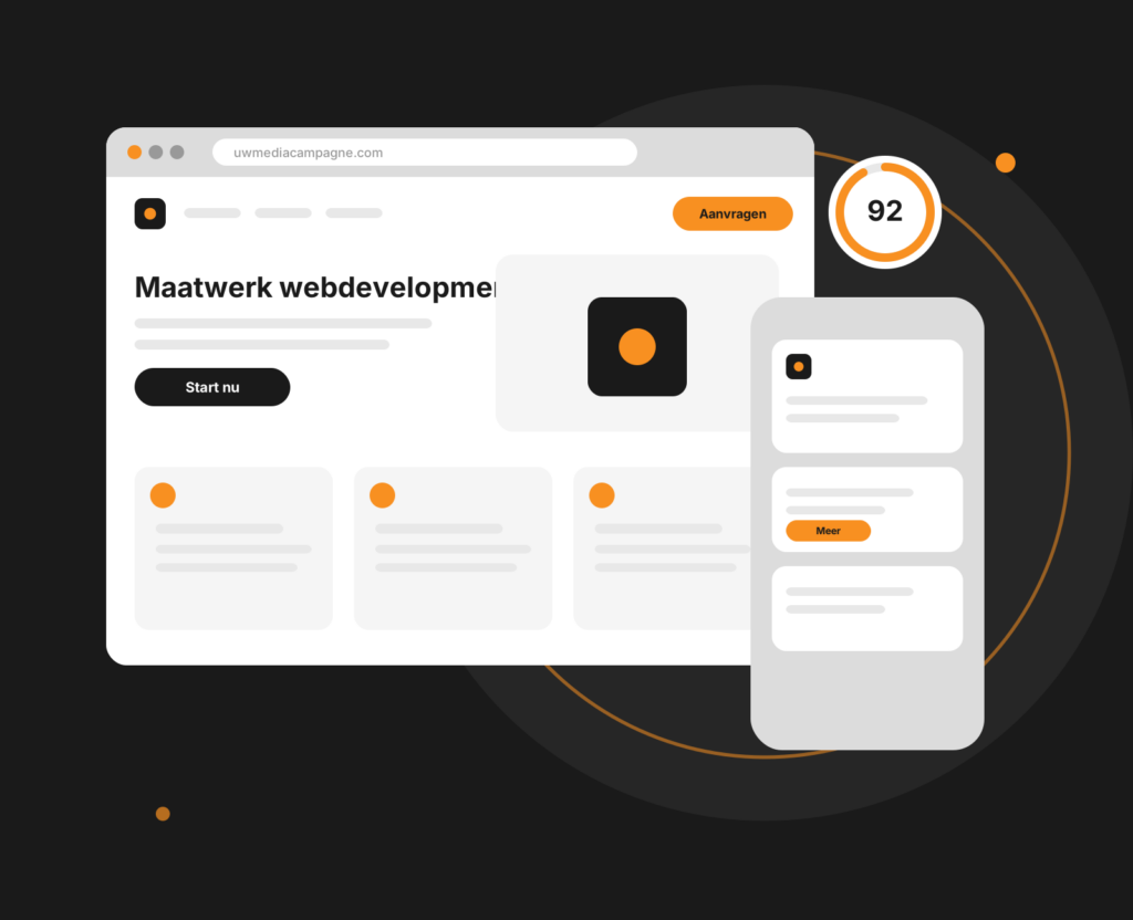 Tablet-mockup van webdevelopment met website-ontwerp naast een codeweergave